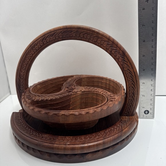 Vintage Rosewood Folk Art Woodwork Hand Carved Collapsible Art Basket - Picture 2 of 12